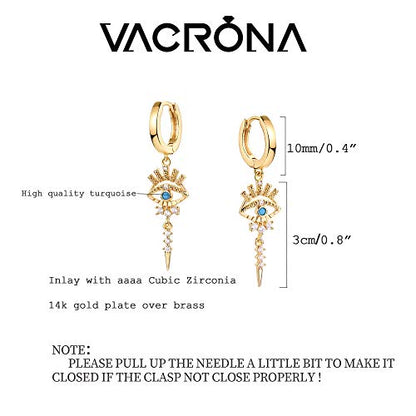 VACRONA Gold Heart Hoop Earrings Huggie Earrings for Women 14k Gold Plated Small Hoops Earrings - color: Turquoise Evil Eye