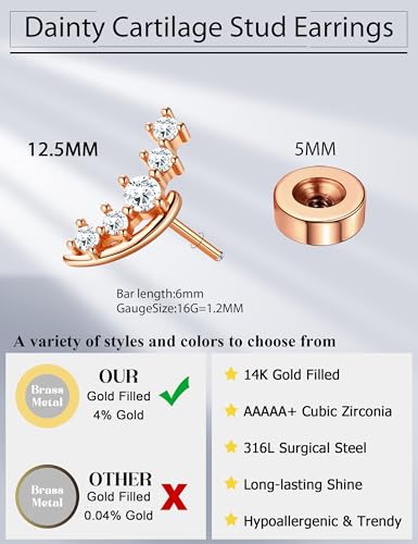 JeryWe Cartilage Earrings for Women Hypoallergenic Helix Piercing Jewelry - color: N:cz-rosegold filled