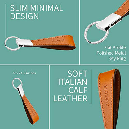 Maruse Italian Leather Keychain for Men and Women, with Flat Profile Polished Metal Key Ring, Handmade in Italy - color: Honey