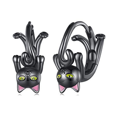 925 Sterling Silver Earrings Hypoallergenic Huggie Earring for Women - color: Black Cat
