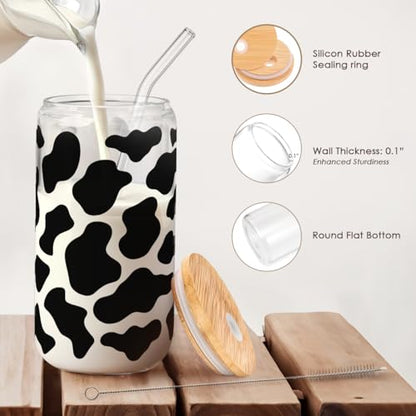 SANDJEST Cow Glass Can, Cow Prints Cup with Lid & Straw, Iced Coffee Aesthetic Cups, Idea Gift for Christmas Birthday Mother Day, Gifts for Women, 16oz - color: Cow Skin