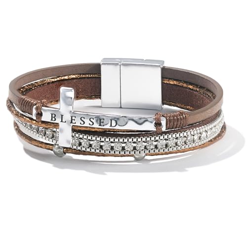 Christian Cross Leather Bracelets Boho Western Blessing Religious Jewelry - color: Brown