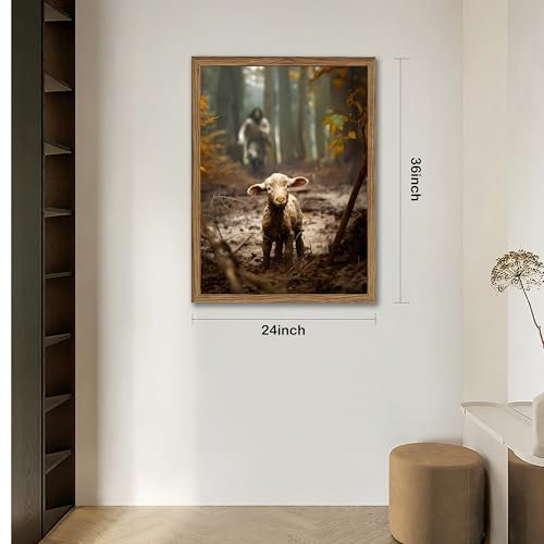 Christian Wall Art, Jesus the Good Shepherd Canvas Painting, Lost Sheep Biblical Scene, 3D Textured Sandstone Style Wood Framed Artwork for Living Room Prayer Room Bedroom 36x24 Ready to Hang - color: Jesus Running After Lost Lamb, size: 36"L x 24"W