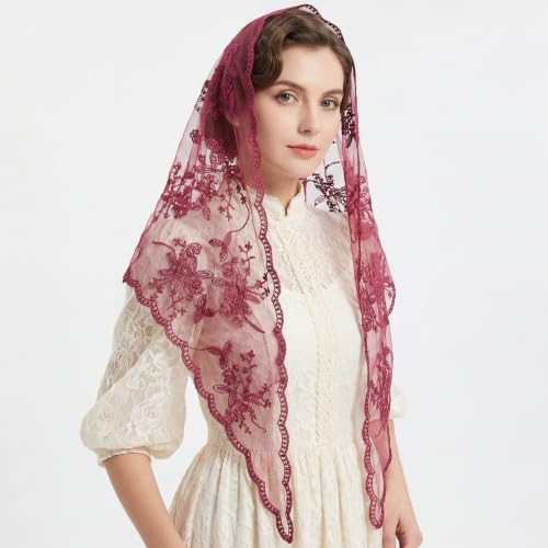 Lystaii Triangle Lace Mantilla Veil Catholic Chapel Head Covering Scarf - color: Dusty Rose