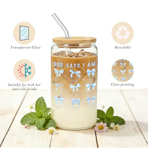 IWXYI Coquette Blue Bow Christian Glass Cup with Lids and Straws 14oz, Christian Gifts for Women, God Says I Am Bible Verse Religious Iced Coffee Tea Drinking Glasses with Cleaning Brush - color: Blue bow