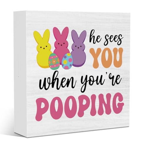 Funny Easter Bathroom Peeps Decor for Home Easter Sign Bunny Decorations for Office Home Farmhouse Bathroom Restroom Lavatory Decor 5 X 5 Inches - color: Pooping