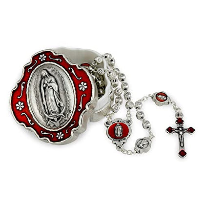 Catholic Rosary Beads with Metal Keepsake Gift Box Set - color: Lady of Guadalupe Cube Beads