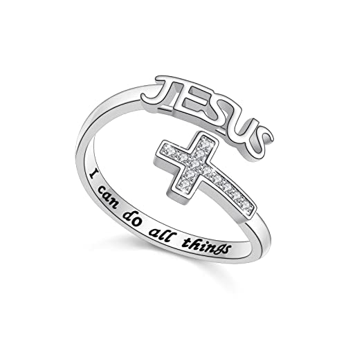 FLYOW Cross Ring 925 Sterling Silver Engraved I Can Do All Things Love of Jesus Cross Ring Religious Jewelry for Women, Size 5-10