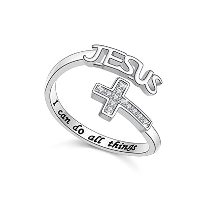 FLYOW Cross Ring 925 Sterling Silver Engraved I Can Do All Things Love of Jesus Cross Ring Religious Jewelry for Women, Size 5-10