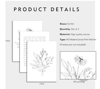 Psalm 121 Christian Wall Art, 3 Piece Unframed Botanical Prints, 12x16 - color: Bible Verses on Flowers, size: 16"L x 12"W