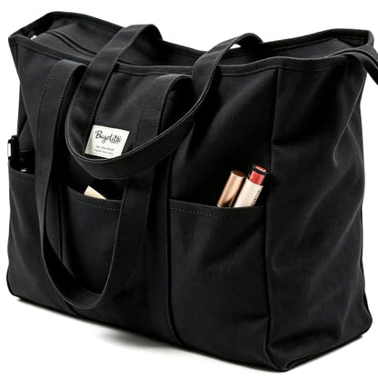 Bagelite Extra Large Canvas Tote Bag for Women Men, Utility Work Bags with Zipper - color: Black