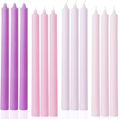 Purple Taper Candles 10.5 inch Driples Pink Tapered Candles Ideal as Dinner Candle Smokeless and Unscented Candlesticks Long Burning,Set of 12 - color: Ribbed10.5''-Purple pink