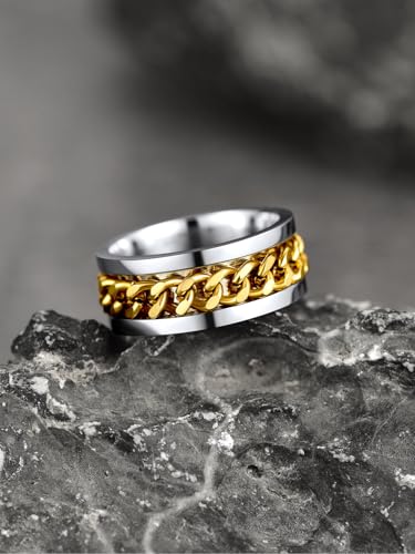 U7 Stainless Steel Mens Rings,7mm Gold/Black/Silver Chain Rings Fidget Spinner Ring Anxiety Ring for Men Women,Size 6-14 - color: Inlaid Link Ring-Gold