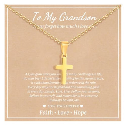 Gold Plated/Silver/Black Cross Chain Necklace Gifts for Boys Girls Son - color: Gold, style: To my grandson