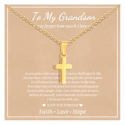 Gold Plated/Silver/Black Cross Chain Necklace Gifts for Boys Girls Son - color: Gold, style: To my grandson