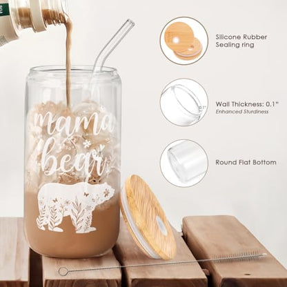 Mom Gifts - Mama Bear 16 Oz Can Glass Tumbler with Bamboo Lid and Straw - Iced Coffee Cups for Women, Aesthetic Glass Cup Gift for Birthday Christmas Mother's Day - color: Mom 4