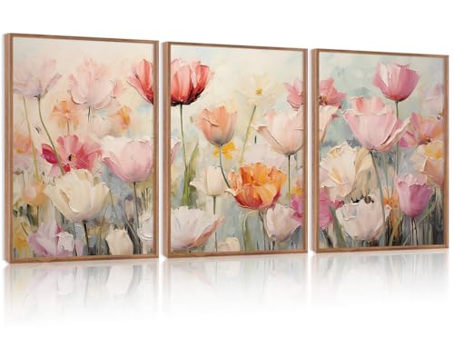 HPNIUB Large Nature Wildflowers Framed Wall Art Pink Floral Canvas Oil Painting Modern Aesthetic Wall Decor Abstract Flower Artwork for Living Room Bedroom Decor(Set of 3,12X16 Inch) - color: Nature Wildflower Wall Art
