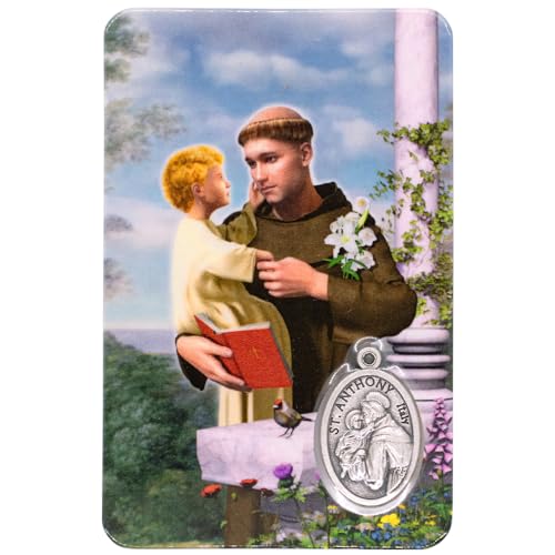 Holy Prayer Card with Built-In Medal Pendant | Laminated Full-Color Prayer Card | Great Variety | Great Christian Gift for First Communion and Confirmation (Saint Anthony Prayer Card with Medal) - color: Saint Anthony Prayer Card with Medal