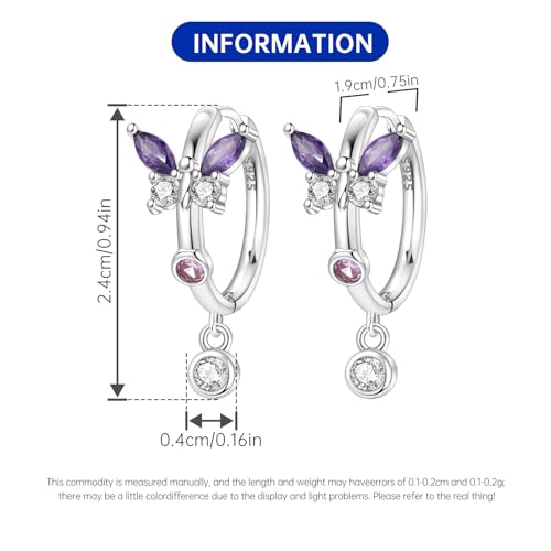 925 Sterling Silver Drop & Dangle Earrings for Women,Butterfly Dragonfly and Bee|Flower and leaf Earrings, Suitable for Sensitive Ears Fashion Jewelry Gift- Hypoallergenic Earrings - color: Purple butterfly