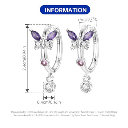 925 Sterling Silver Drop & Dangle Earrings for Women,Butterfly Dragonfly and Bee|Flower and leaf Earrings, Suitable for Sensitive Ears Fashion Jewelry Gift- Hypoallergenic Earrings - color: Purple butterfly