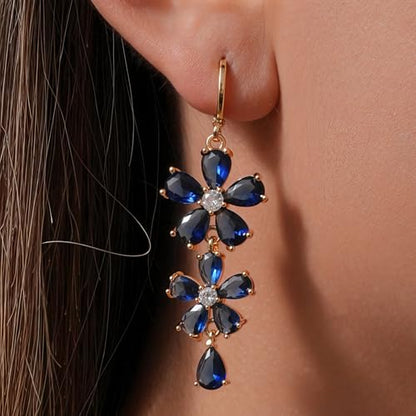 18K Gold Plated, Dangle Earrings for Women, Flower/Heart Drop earrings, Hypoallergenic Cubic Zirconia Earrings, Lightweight, Party, gold earrings, Jewelry for Gifts, Fashion - style: 7098-Blue