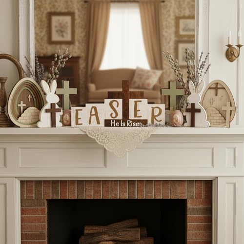 Easter Resurrection Decorations Religious He is Risen Sign Easter Wooden Table Centerpieces with Farmhouse Rustic Cross Hanging Christian Tiered Tray Decor for Spring Table Home Shelf Decor - style: Crucifix