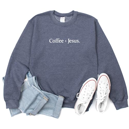 Verita Culture Coffee And Jesus Christian Sweatshirt Women Fall Long Sleeve Graphic Shirts Cozy Weather Lover Pullover Tops - color: Heather Blue, size: Medium