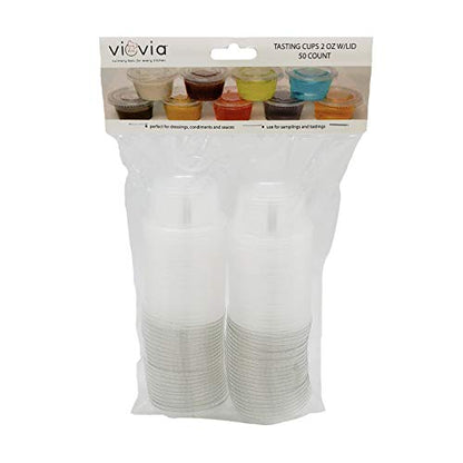 VIOVIA Tasting Cups W/LID 2 OZ - Disposable Plastic Portion Cups with LIDS Perfect for Any Occasion! - Available in Sets of 50 OR 200 Tasting Cups! (50)