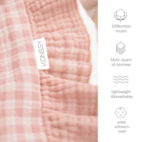 Konssy 100% Cotton Muslin Baby Blanket with Ruffle Trim for Girls, 43"x39" - color: Pink Check