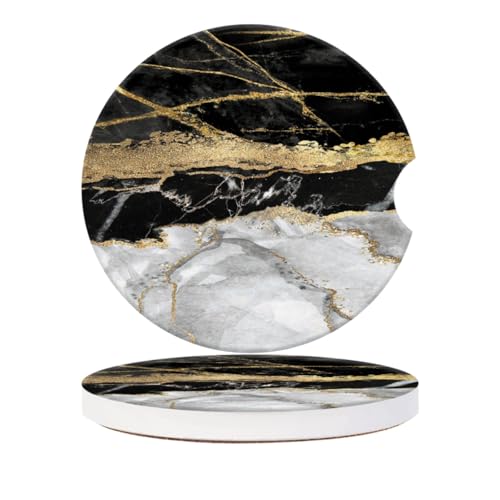 Cup Holder for Car,Black Gold Marble Print Ceramic Coasters Non-Slip Cup Holder Insert with Fingertip Grip, Auto Interior Accessories for Women & Men,Pack of 2, 2.56In - color: Black Gold Marble