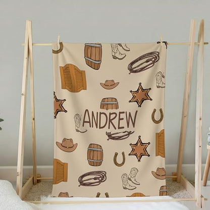 Personalized Personalized Cowboy Baby Blanket, Cowboy Hat Boots Quilt Pattern Design, Custom Name Toddler Kids Throw, Ranch Nursery Decor, Baby Gift Idea - color: Cowboy Baby Blanket#1