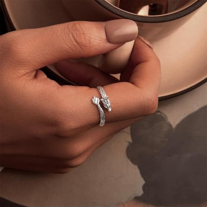925 Sterling Silver Adjustable Open Ring for Women Trendy Jewelry Gift - color: Silver Dragon
