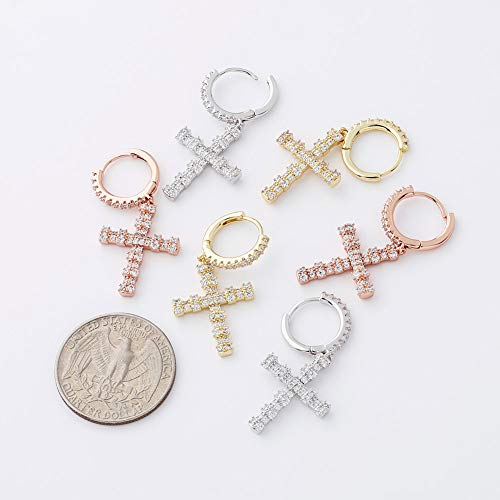 TOPGRILLZ Cross Hoop Dangle Earrings 925 Sterling Silver 5A+ Cubic Zirconia 14K Gold Hypoallergenic Cross Hoop Cuff Huggie Drop Earrings For Men Women - color: Cross 4 Gold