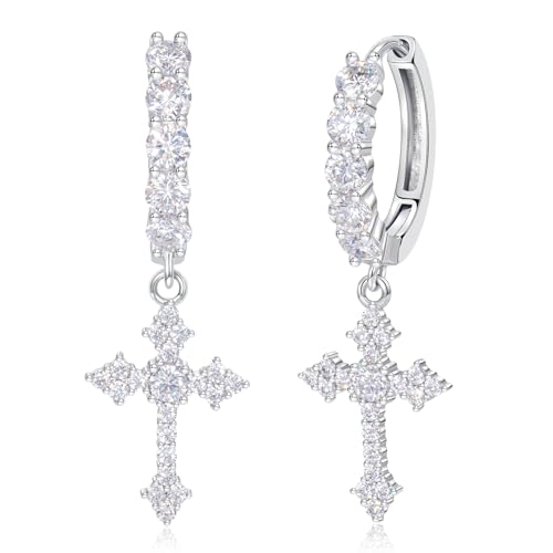 Moissanite Cross Earrings Sterling Silver Cross Stud Eearrings D Color VVSI Moissanite Stud Earrings Crucifix Jewelry Gift - color: Silver-1.5CT