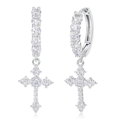 Moissanite Cross Earrings Sterling Silver Cross Stud Eearrings D Color VVSI Moissanite Stud Earrings Crucifix Jewelry Gift - color: Silver-1.5CT