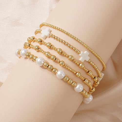 Gold Beaded Bracelets Stack for Women Stackable 14K Gold Plated Beads Ball Cross Bracelet Boho Christian Jewelry Faith Friendship Birthday Gifts for Women - color: Pearl