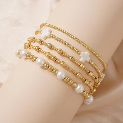 Gold Beaded Bracelets Stack for Women Stackable 14K Gold Plated Beads Ball Cross Bracelet Boho Christian Jewelry Faith Friendship Birthday Gifts for Women - color: Pearl