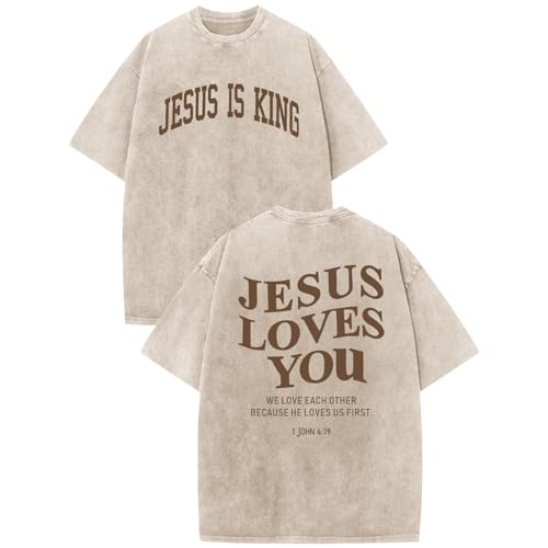 Mens Christian Shirts Jesus is King Love You Tshirt God Faith Religious Bible Verse Oversized Acid Wash Graphic Tees - color: Apricot, size: Medium
