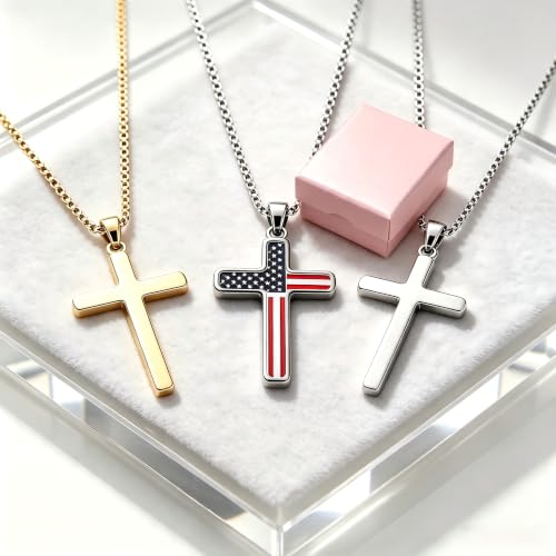 American Flag Cross Pendant Necklace, Silver-Tone, Stars and Stripes, Patriotic Religious Jewelry,for a gift box - color: gold +silver+black1