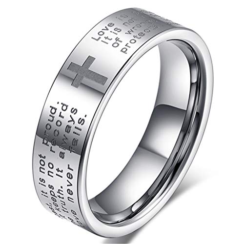 Fashion Month Men Women 6mm Tungsten Carbide White Ring Engraved English Bible Verses About Love Cross Band for Her Him