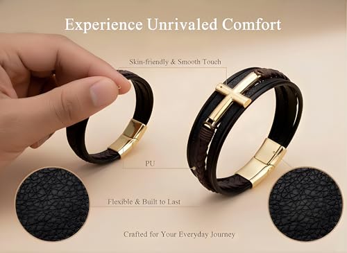 Stainless Steel Braided Leather Bracelet for Men Cuff Bangle Cross - color: Brown&Gold