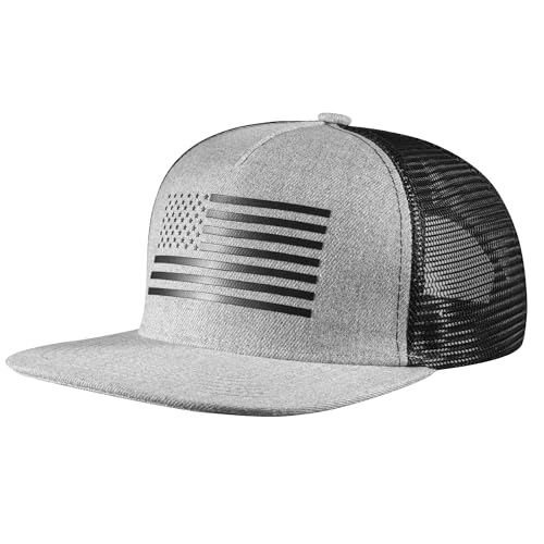 UALON Baseball Cap, Snapback Trucker Hat for Men & Women with American Flag and Adjustable, Breathable Mesh, Flat Bill Hats - color: Gray/Black