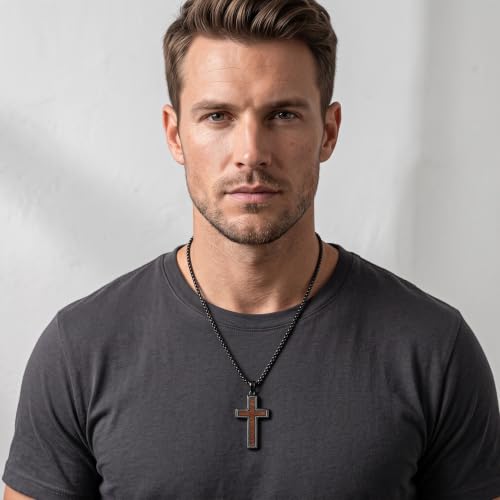 Cross Necklace for Men 925 Sterling Silver & Wood Cross Pendant with Stainless Steel Chain Cross Necklace for Men Women Christian Jewelry Gift - color: Cross-3