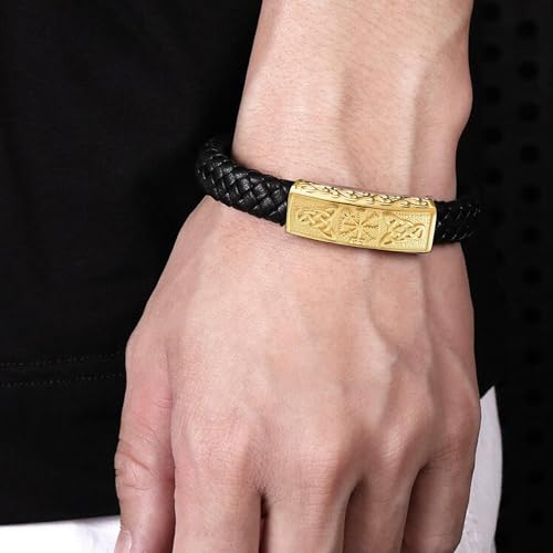 YL Mens Cross Viking Celtic Ankh Odin Compass Life Tree Leather Bracelet, 18K Gold/Black Rhodium Stainless Steel Christian Religious Protection Talisman Brown Cuff Handcrafted Jewelry Gifts - color: 18K White Gold-Celtic Compass, size: 8.3"(210mm)