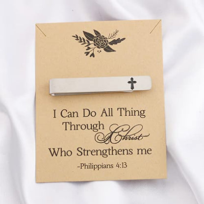 BEKECH Cross Tie Clips for Men Christian Faith Gift Philippians 4:13 First Communion Tie Tacks for Minister Clergy Officiant Groom Father of the Bride Day Tie Clip