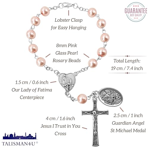 TALISMAN4U St. Michael Guardian Angel Medal Rosary for Car Rearview Mirror - color: Pink Rosary Beads