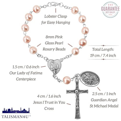 TALISMAN4U St. Michael Guardian Angel Medal Rosary for Car Rearview Mirror - color: Pink Rosary Beads