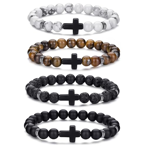 RANKEEF Tiger Eye Bracelet For Men 8MM Natural Stone Stretch Adjustable Black Crystal Beaded Bracelet for Men Women Gifts - color: 4,cross bead bracelet