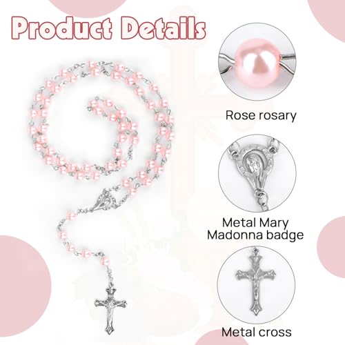 Catholic Rosary for Women with Pearl Beads and Metal Gift Box, Pink Rosary - color: Pink