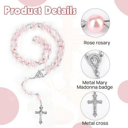 Catholic Rosary for Women with Pearl Beads and Metal Gift Box, Pink Rosary - color: Pink